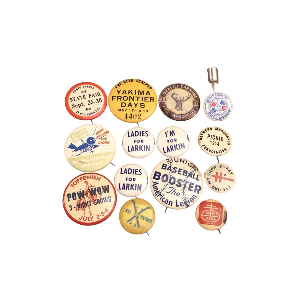 Vintage Antique Button Pin Lot Seattle Carnival Yakima State Fair Politics 1900s